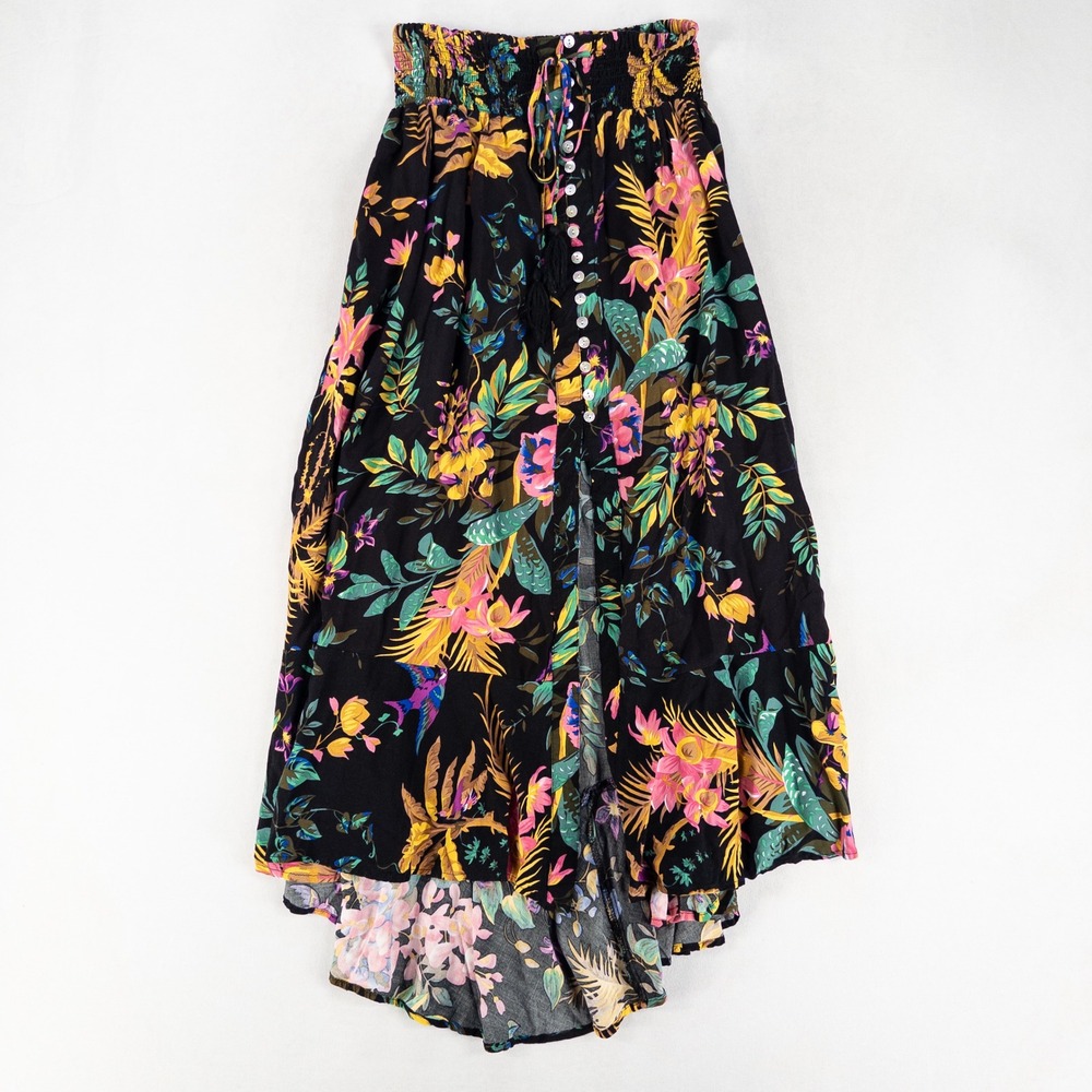 Cynthia Rowley Maxi Skirt XL Black Tropical Floral Smocked High Low Rayon Resort